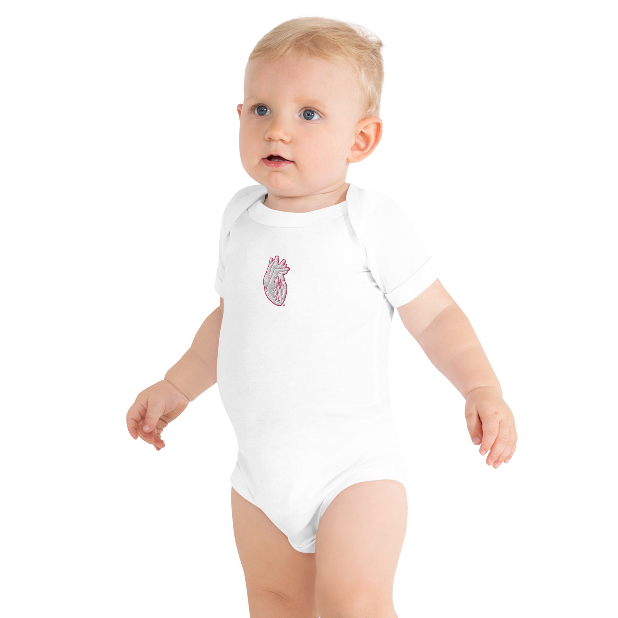 Iconic Heart Baby Onesie – White & Pink Embroidery