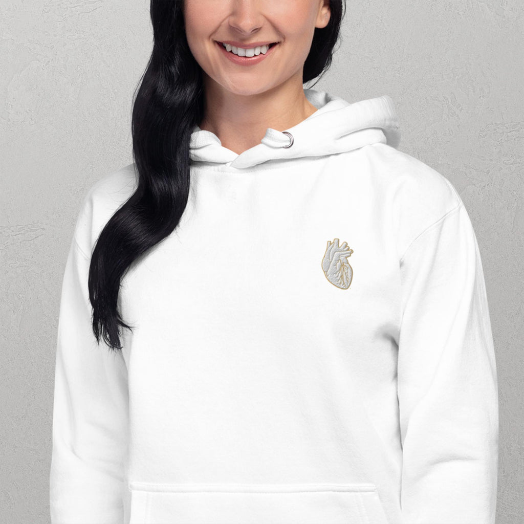 Iconic Heart Hoodie - White & Brown Embroidery