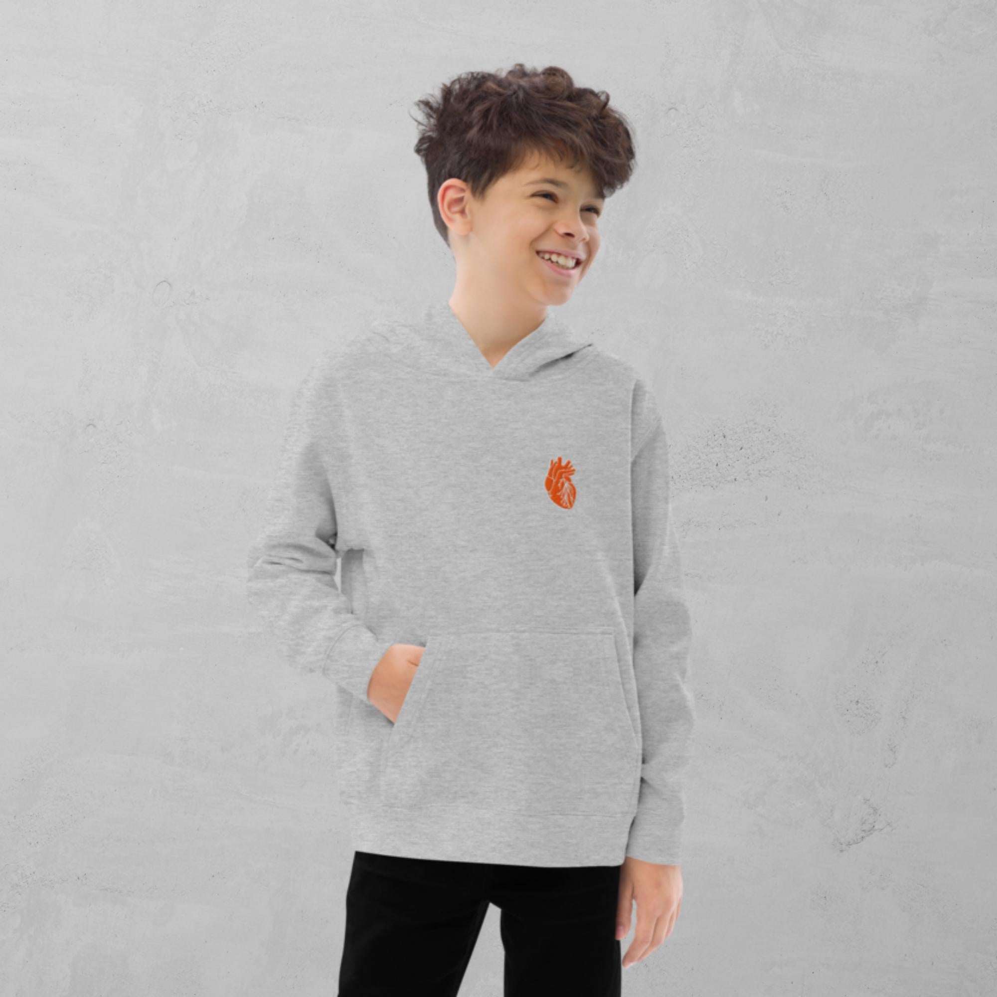 Iconic Heart Embroidered KIDS fleece Hoodie -Orange & White