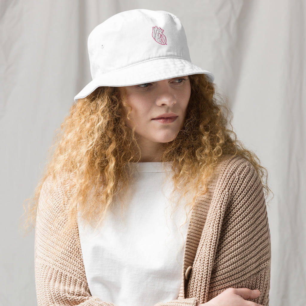 Iconic Heart Organic Bucket Hat - White & Pink Embroidery