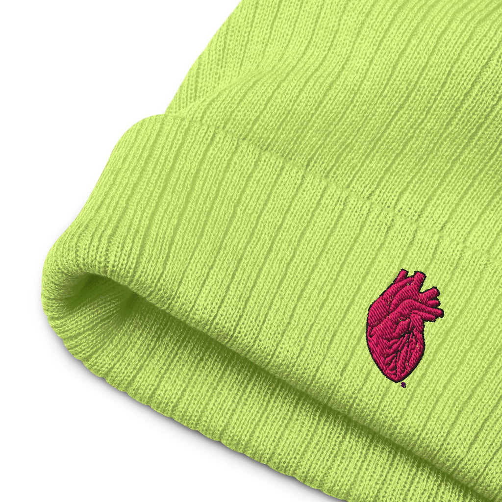 Iconic Heart Ribbed Knit Beanie - Pink & Black Embroidery