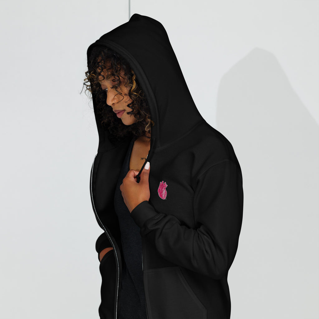 Iconic Heart Zip Hoodie - Pink & White Embroidery