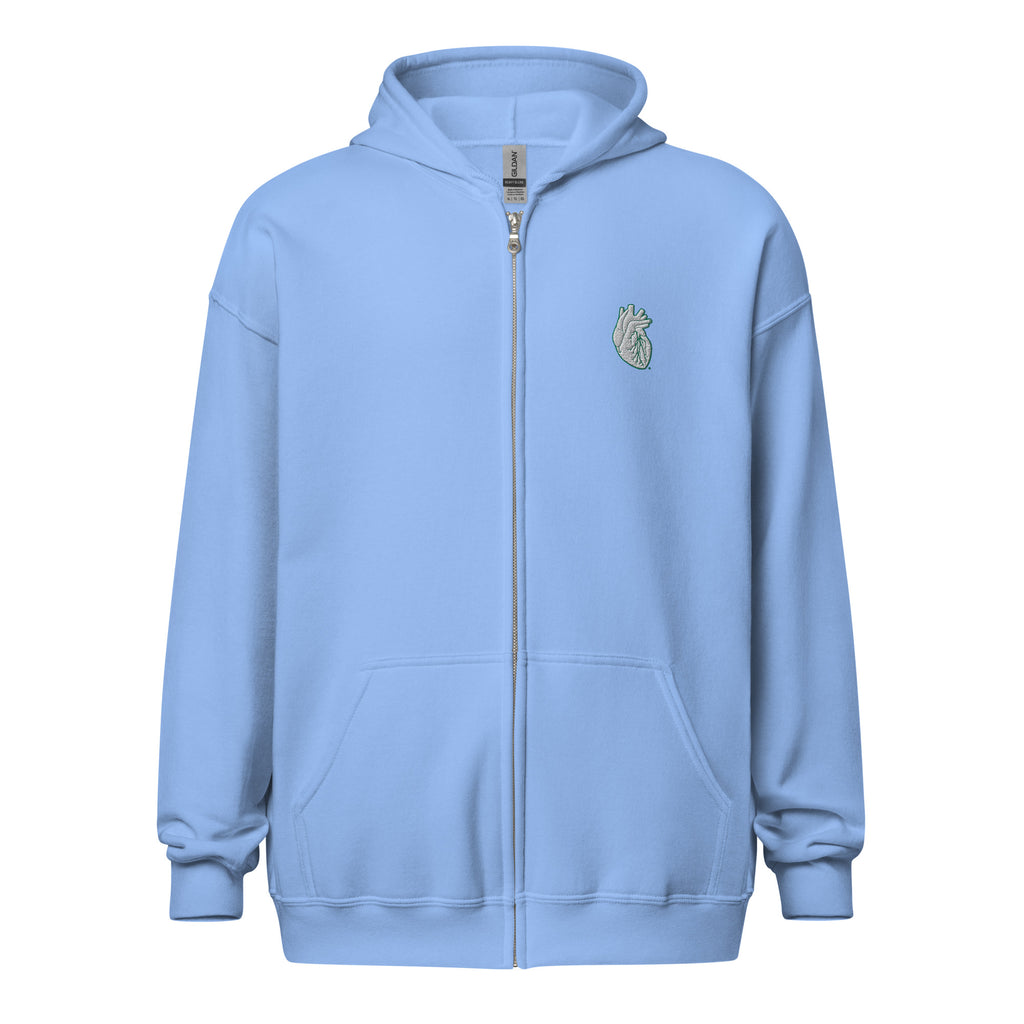 Iconic Heart Embroidered Unisex Zip Hoodie -White & Green
