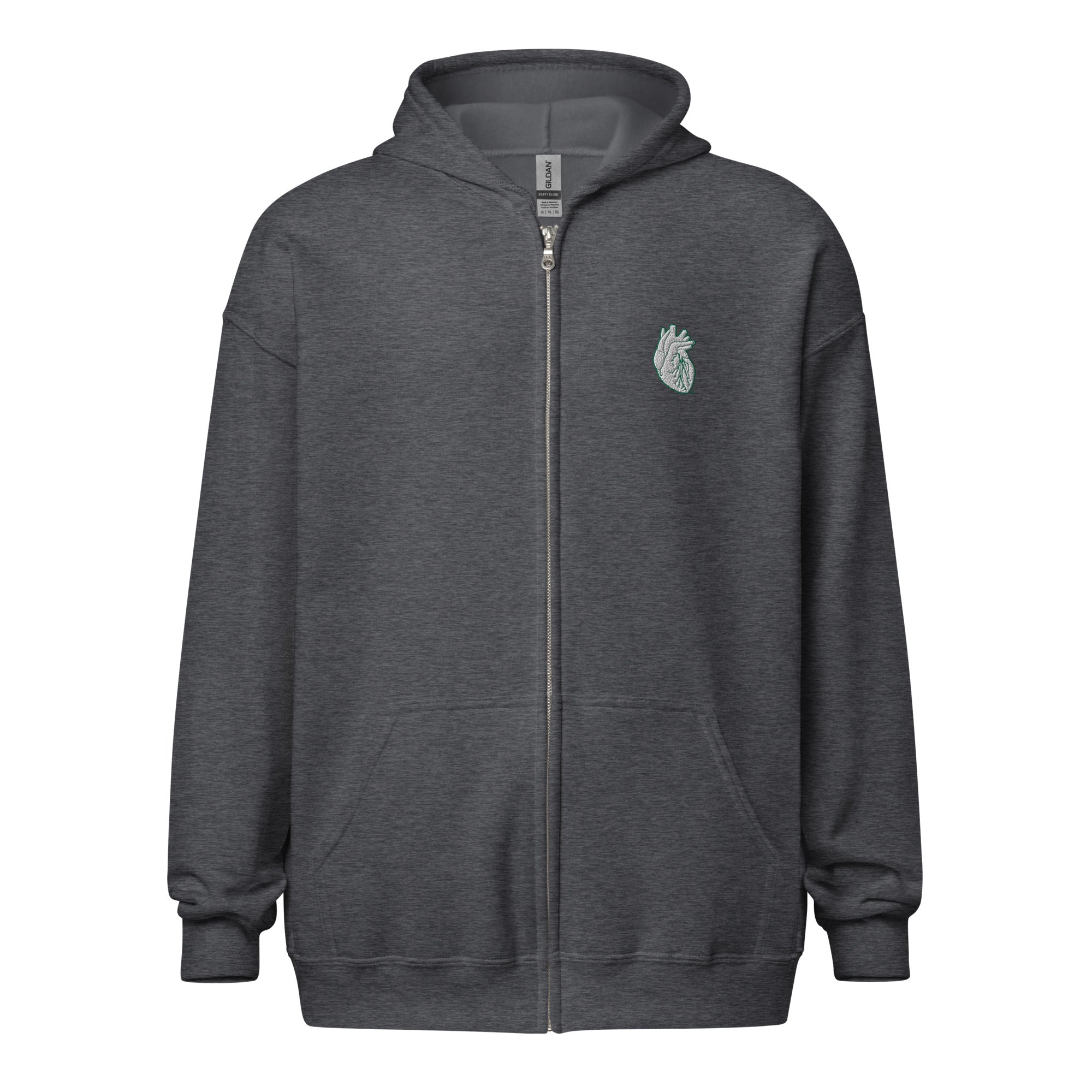 Iconic Heart Embroidered Unisex Zip Hoodie -White & Green