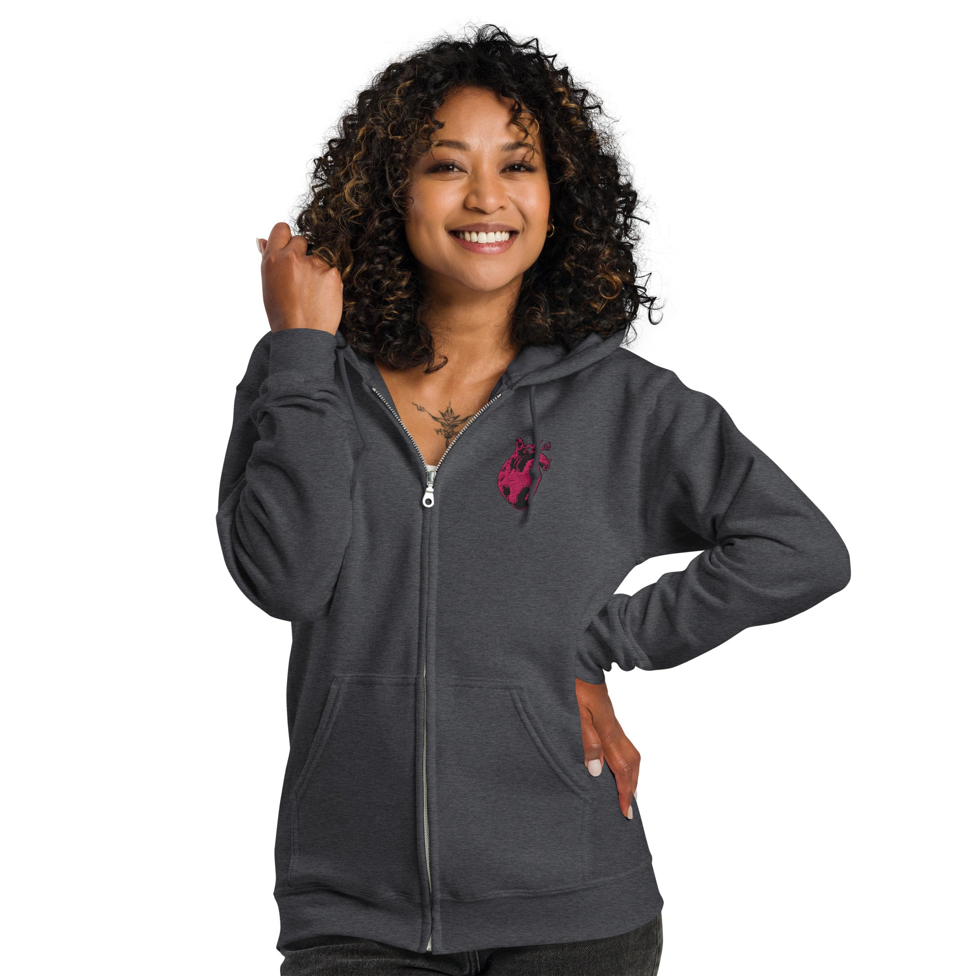 Atomic Heart Zip Hoodie - Black & Pink Embroidery