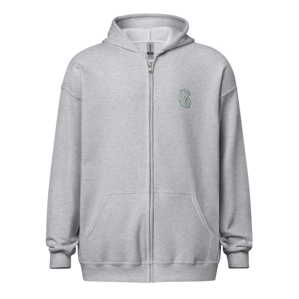 Iconic Heart Embroidered Unisex Zip Hoodie -White & Green
