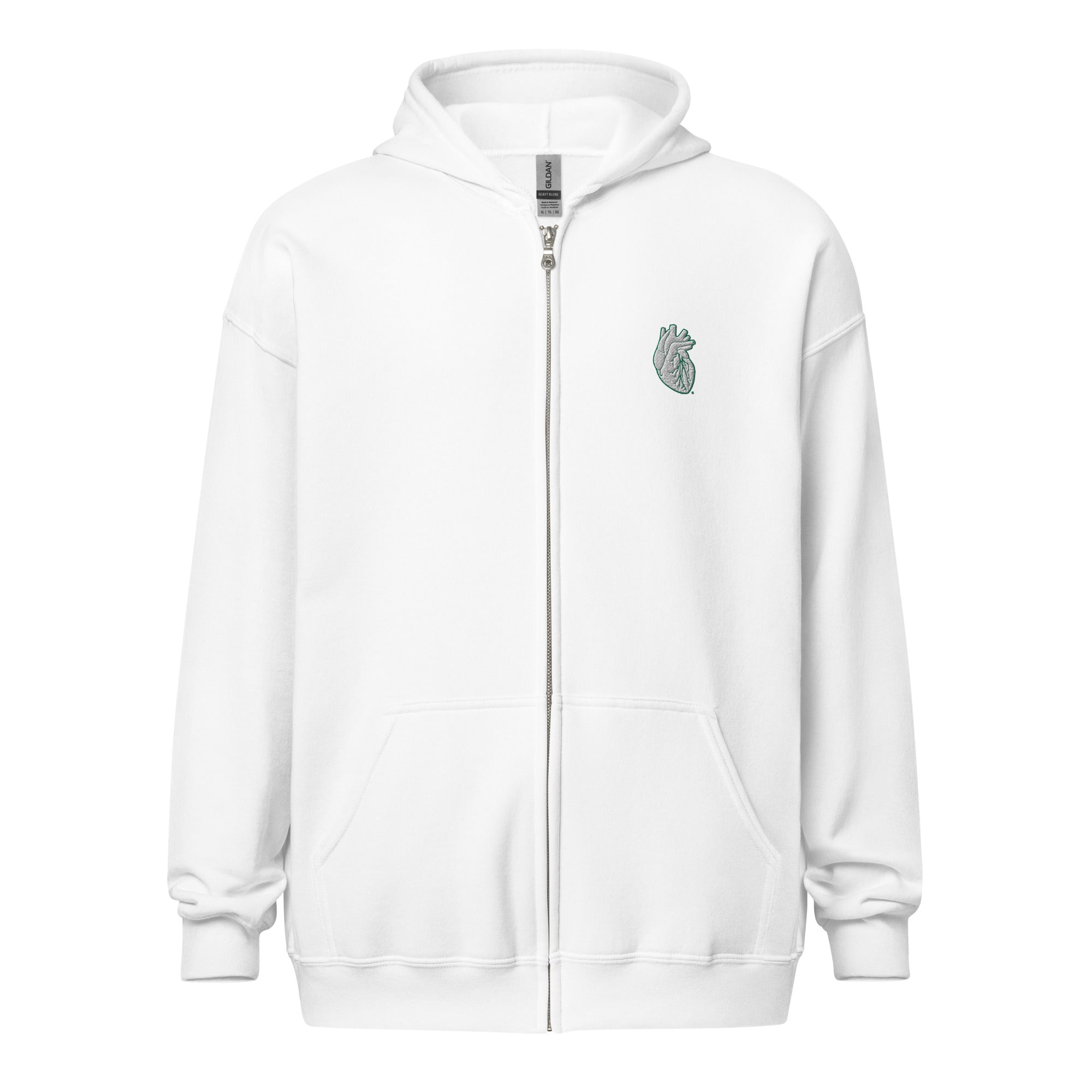 Iconic Heart Embroidered Unisex Zip Hoodie -White & Green