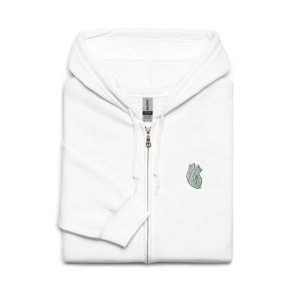 Iconic Heart Zip Hoodie - White & Green Embroidery