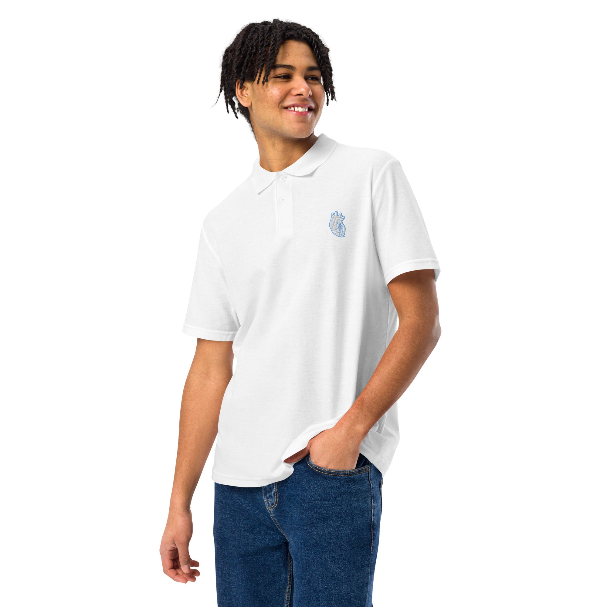 Iconic Heart Pique Polo Shirt - White & Blue Embroidery