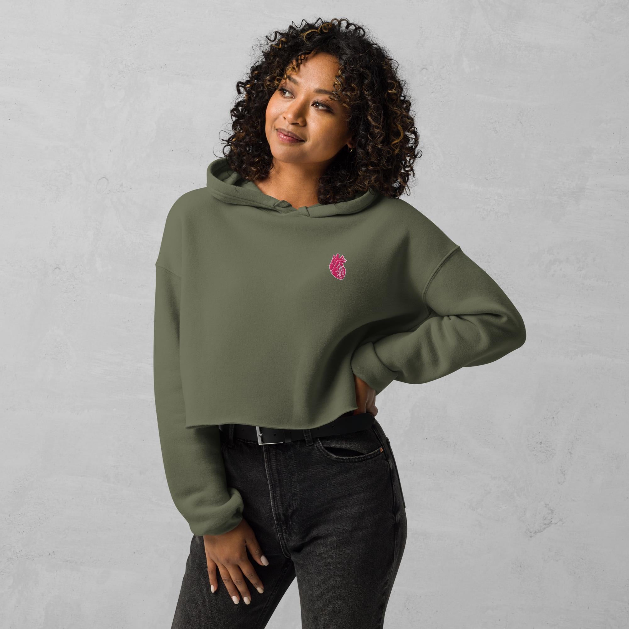 Iconic Heart Embroidered Crop Hoodie -Pink & White