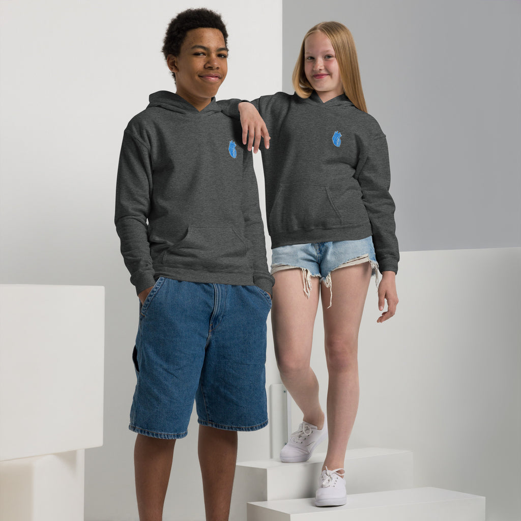 Iconic Heart Kids Hoodie - Blue & White Embroidery