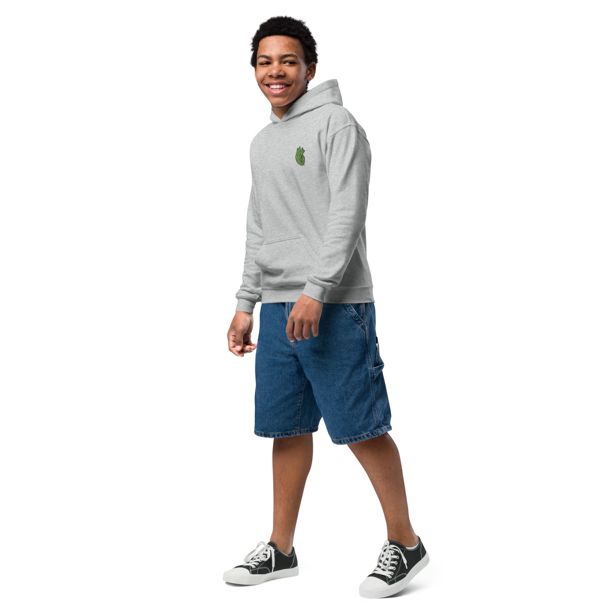 Iconic Heart Kids Hoodie - Green & Black Embroidery