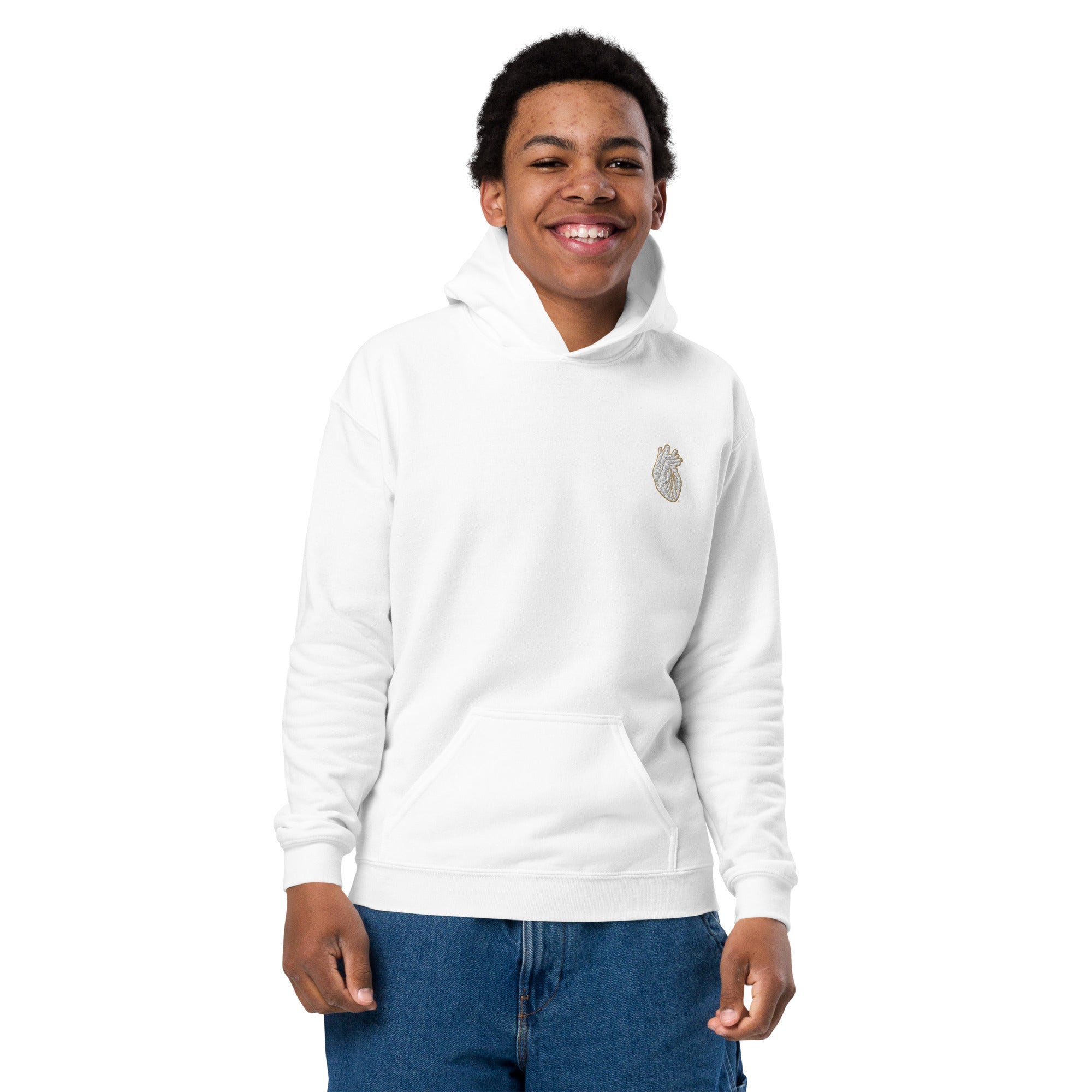 Iconic Heart Kids Hoodie - White & Brown Embroidery