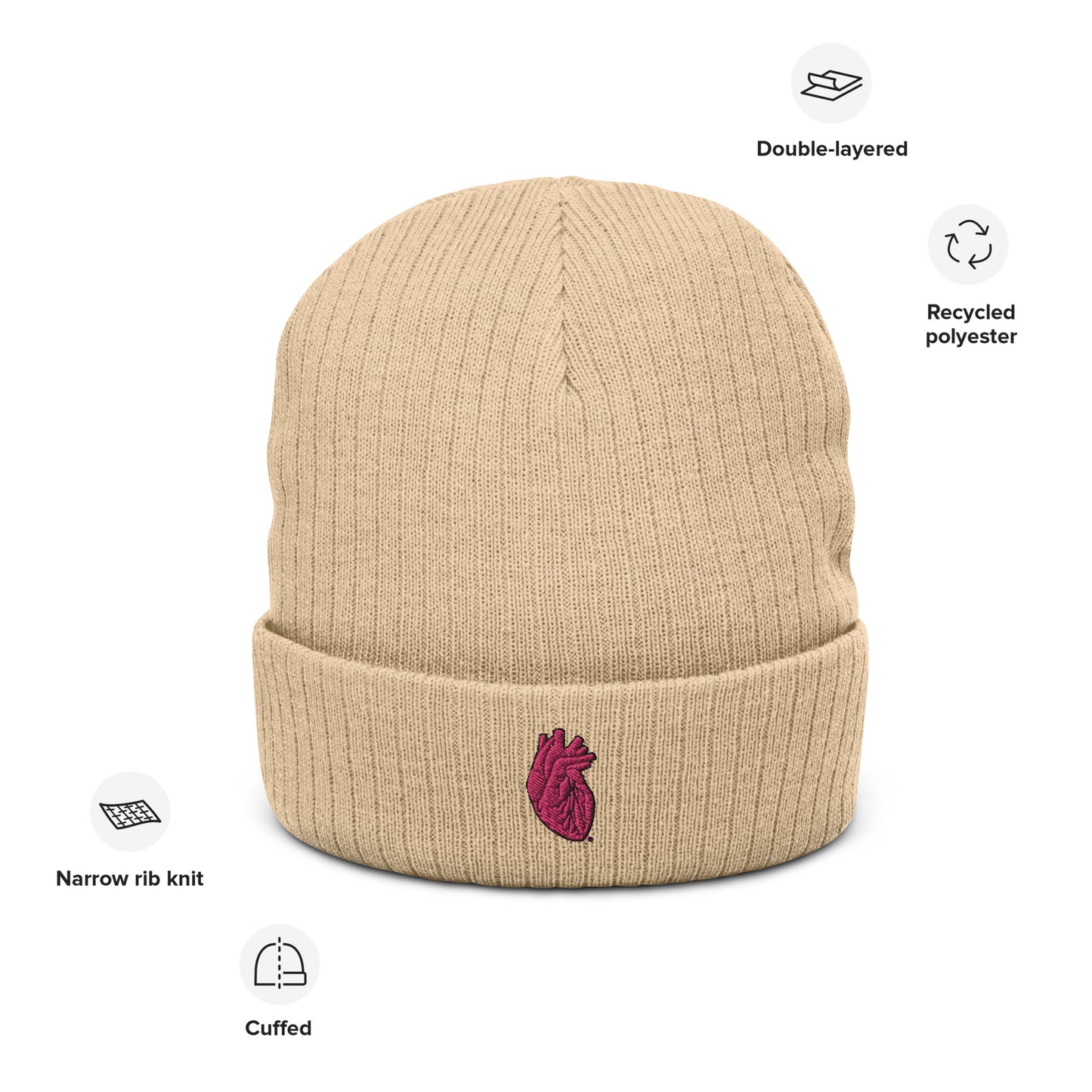 Embroidered Pink Heart Ribbed knit beanie