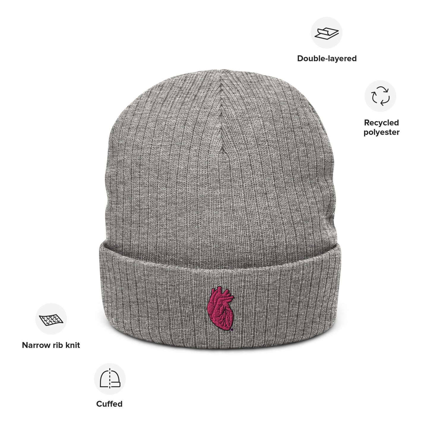 Embroidered Pink Heart Ribbed knit beanie